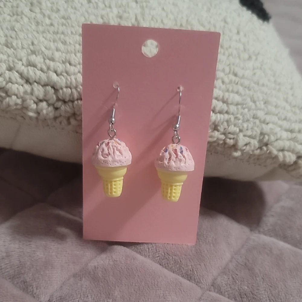 Strawberry Ice Cream and Yellow Ice Cream Cone Earrings With Sprinkles